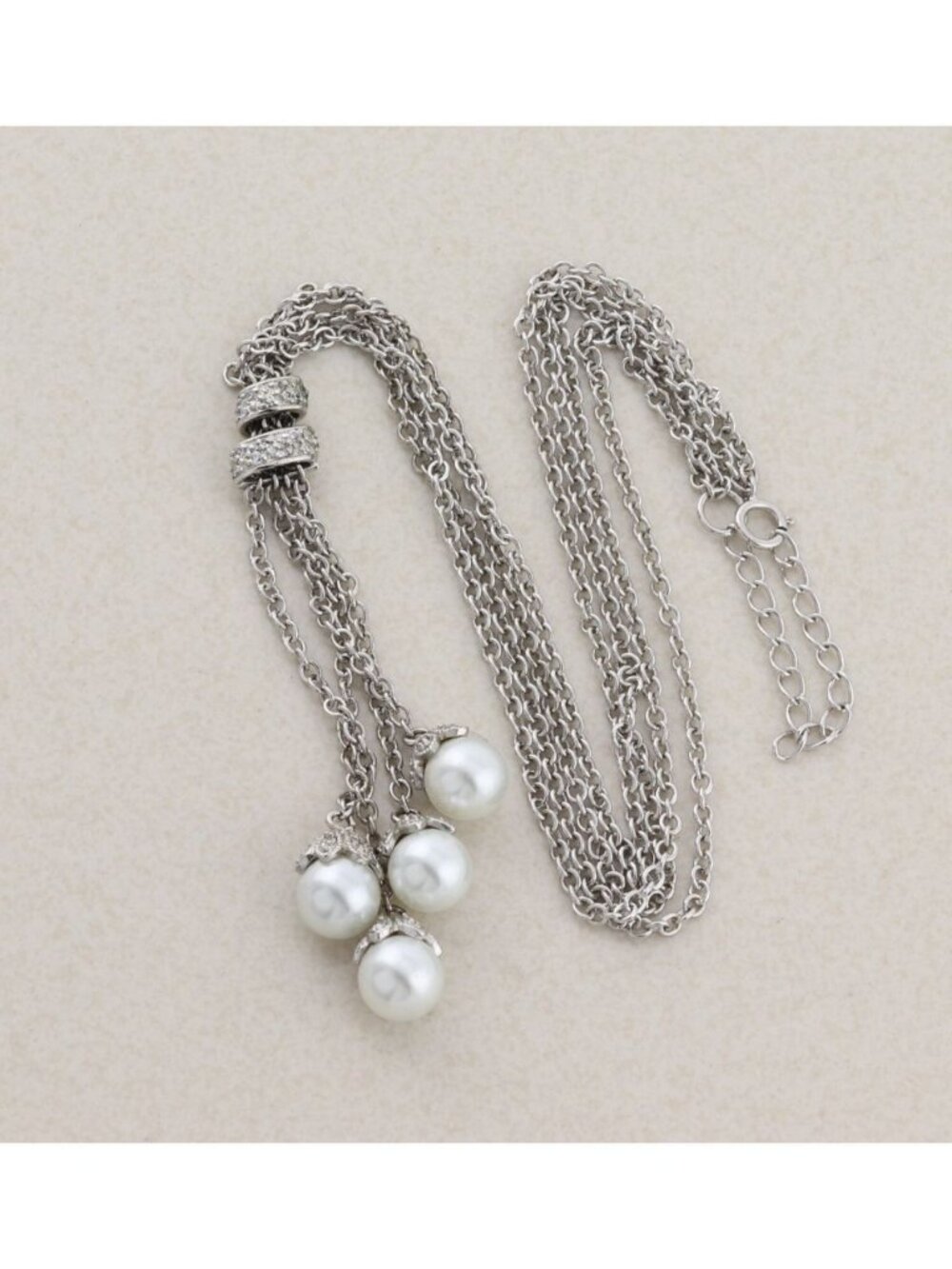 Sterling Silver Two Strand Pearl Lariat Drop Necklace 16" to 18" - Picture 3 of 8